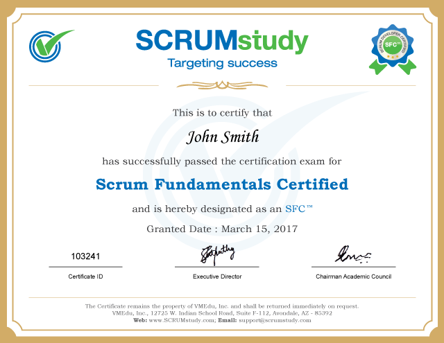 Scrum Fundamentals Certified (SFC™) Certificate